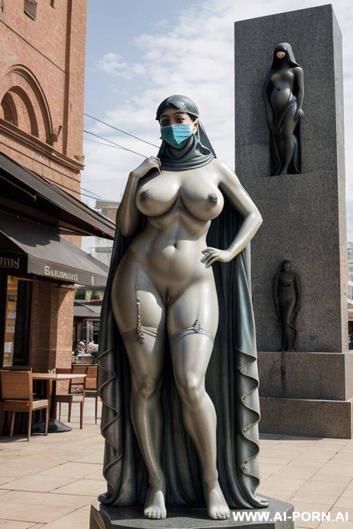 crimman stone of nude statue, at front of restaurant, giant on top of pedestal, (((gigantic saggy massive oversized enormous tits))), detailed stone art, busy restaurant in background, solid veil, mask covering face, - #main