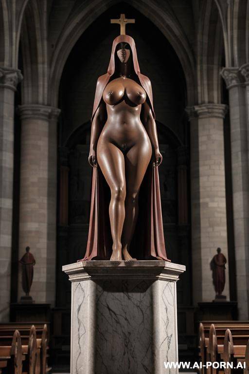 dark red rough stone of nude statue, at pulpit of church, giant on top of pedestal, (((gigantic saggy massive oversized enormous tits))), simple stone art, busy church in background, solid veil, faceless, totally nude, entirely naked, - #main