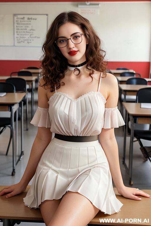 (thick rimmed glasses) (pretty face) (sitting on table) (red lips) (choker) - #main