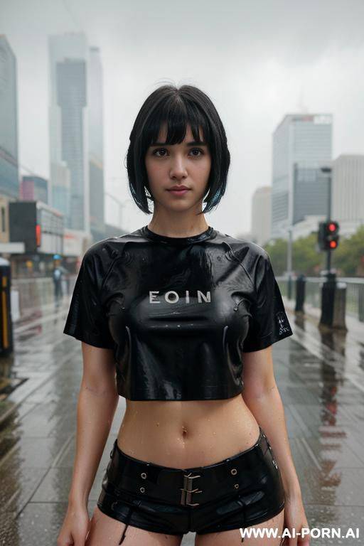 cyberpunk city, (rain), (wet), (t-shirt), medium hair - #main