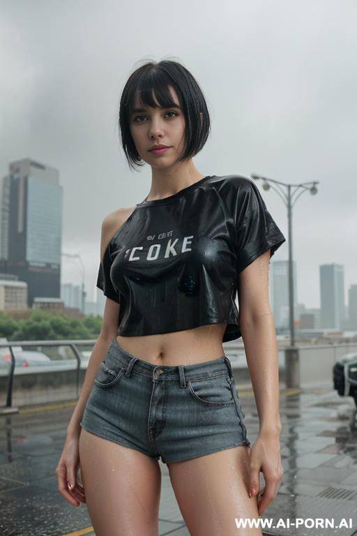 cyberpunk city, (rain), (wet), (t-shirt), medium hair, short shorts - #main