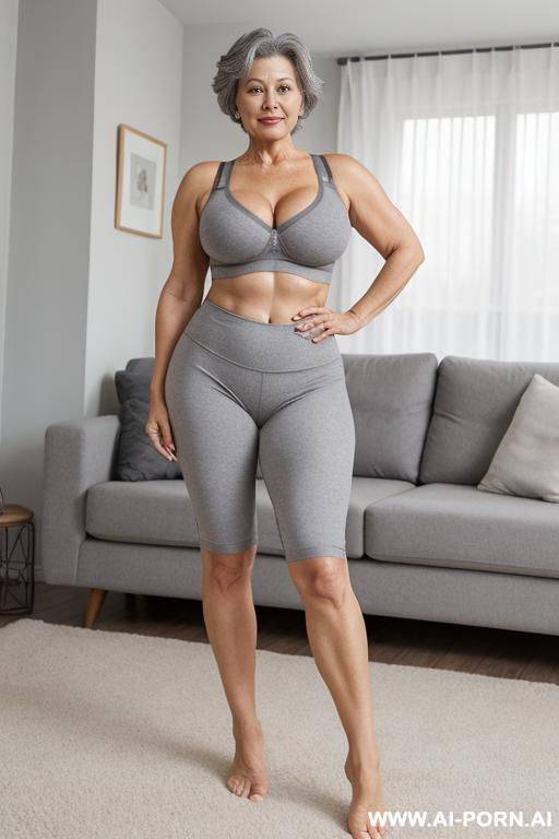 0 year old grandmother, full body, standing, lady, short gray hair, clearly visible age marks, triangular hips, thick thighs, wearing gray yoga shorts and bra, legs open, living room - #main