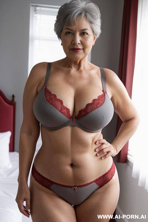 0-year-old grandmother, full body, standing, lady, short gray hair, clearly visible age marks, triangular hips, thick thighs, wearing red panties and bra, double bedroom - #main