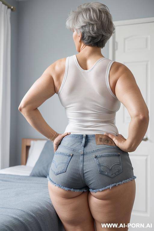 back view, 0-year-old grandmother, full body, standing, lady, short gray hair, clearly visible age marks, triangular hips, thick thighs, wearing blue denim shorts and a white tank top, double bedroom - #main