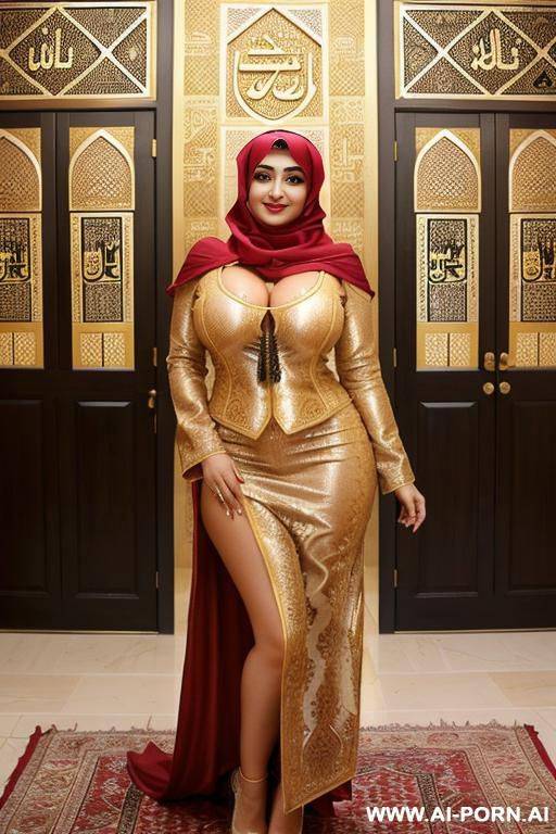 smiling curvy russian busty with huge boobs wearing hijab fully naked standing - #main