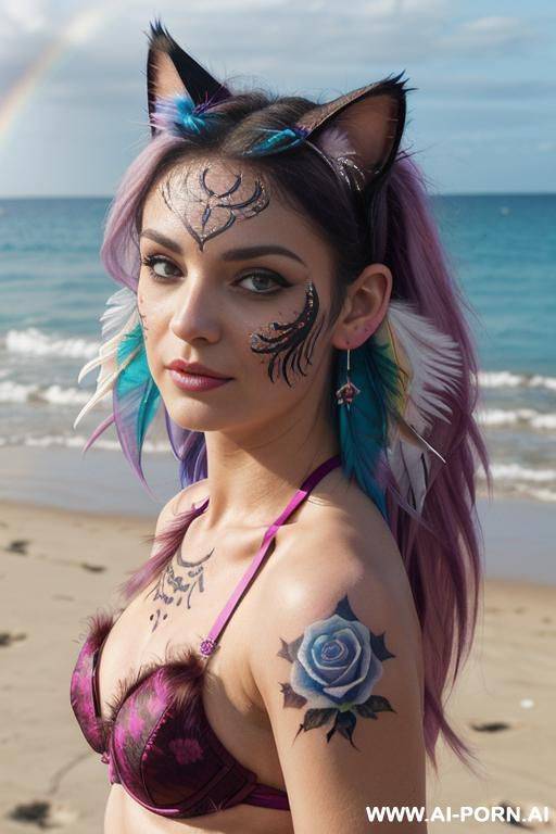 face, sexy, beautiful, ((face painting)), ((bikini as seashell)), ((tattoo roses)), ((eyes shw)), ((angel wings)), ((rainbow hair)), ((long bu hair)), ((wind)), (( cat face)), (( cat ears)), (((feather earrings)), neckless, full view, wide angle view - #main