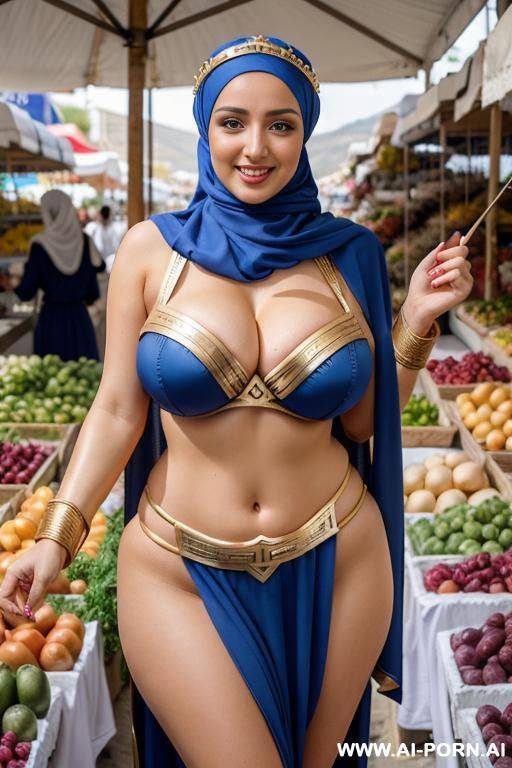 smiling curvy russian busty with huge boobs wearing hijab fully naked standing in market - #main