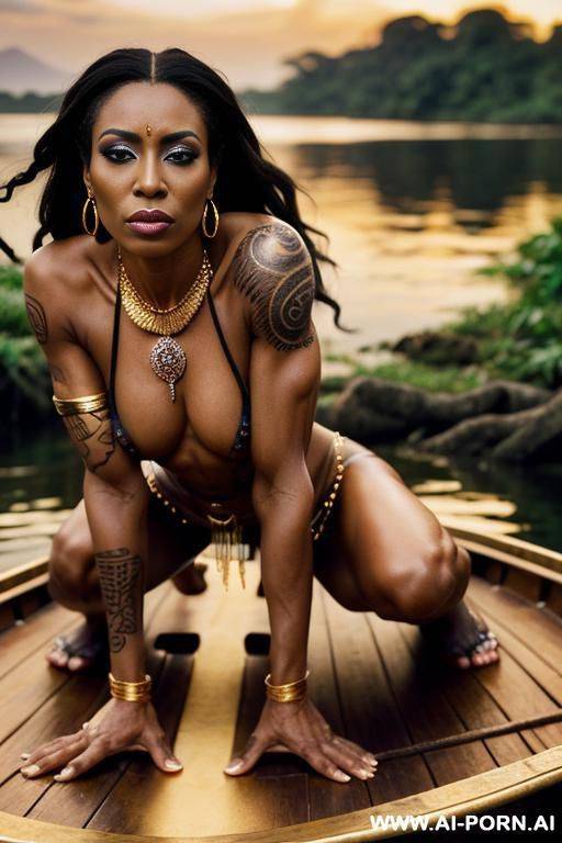 beautiful fit ethiopian queen, (lean toned body), (((defined muscles))), ((abs)), (((((saggy boobs))))), (((gold necklace))), ((long gold braided hair)), (((gold loincloth))), squatting on a wooden raft - #main