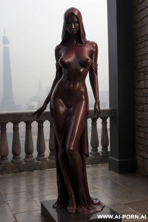 (((dark red rough stone of nude statue))), (((beautiful tits))), simple stone art, solid veil, faceless, totally nude, entirely naked, wide shoulders, extremely detailed and hairy pussy, (old city), smog and soot in background, - #main