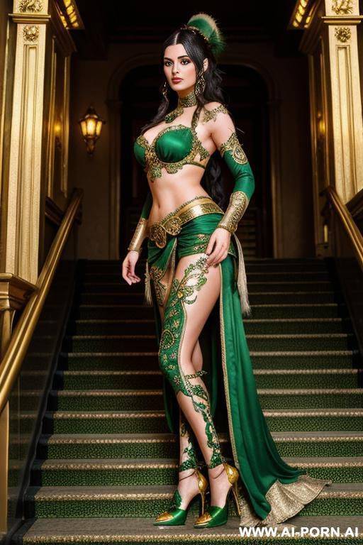 the image shows a fantasy character, a woman, dressed in a detailed, ornate with a green and gold color scheme, standing on an ornate staircase.hairy pussy - #main