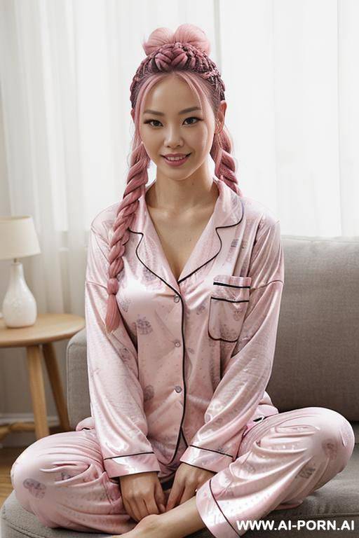 half-korean and half-japanese, a supermodel and 15cm tall, wearing comfy pyjamas. her figure is a perfect hourglass shape - a narrow waist that contrasts beautifully with her 3dd big, round, - #main