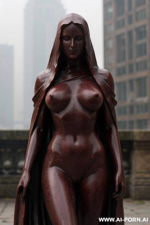 (((dark red rough stone of nude statue))), (((beautiful tits))), simple stone art, solid veil, faceless, totally nude, entirely naked, wide shoulders, extremely detailed and hairy pussy, (old city), smog and soot in background, - #main