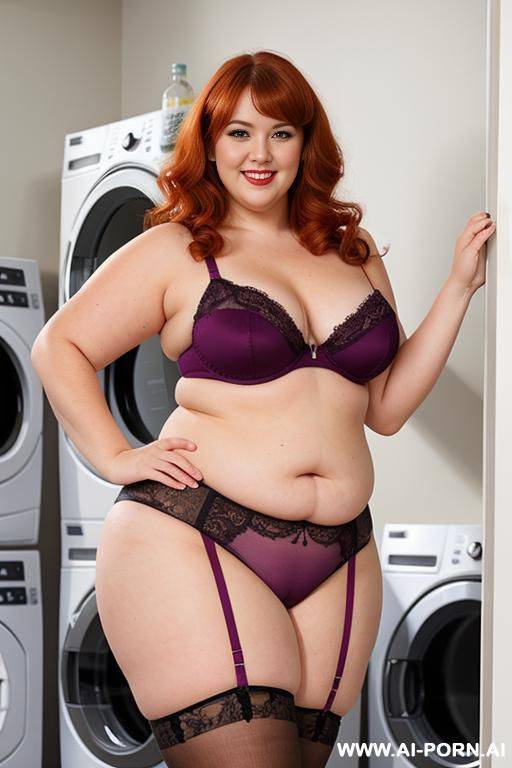 half body photo shot, in the laundry room, washing their clothes, chubby fat bbw, very thick, with lovehandless and tummy, wearing a sexy and hot magenta lace stocking lingeries, she is the most mom - #main