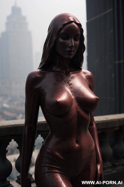 (((dark red rough stone of nude statue))), ((beautiful tits)), simple stone art, solid veil, faceless, totally nude, entirely naked, wide shoulders, extremely detailed and hairy pussy, (old city), smog and soot in background, - #main