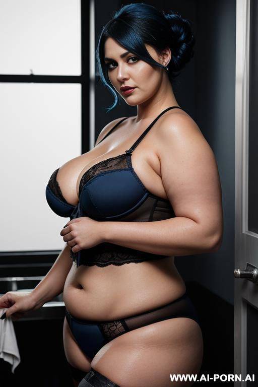 half body photo shot, in the laundry room, washing their clothes, very chubby fat bbw, very thick and very fat, with lovehandless and big tummy, wearing a sexy and hot gray garter belt lingeries, she is the most beautiful mom - #main