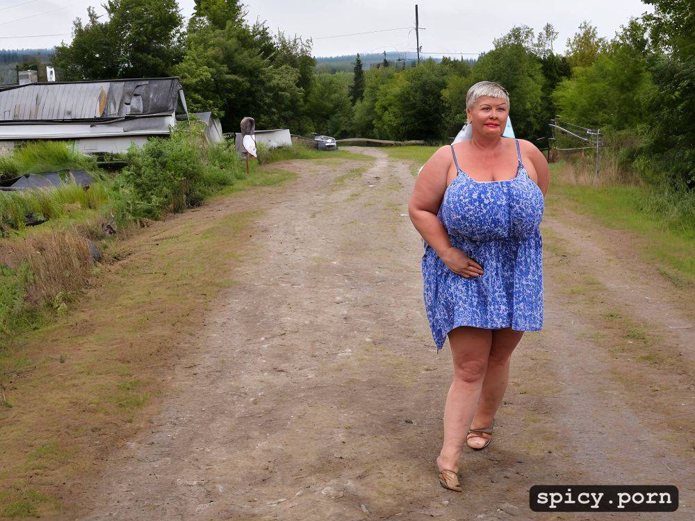 mage huge floppy saggy breasts on very fat russian mature woman with large hairy cunt fat stupid cute face with much makeup and small nose semi short hair standing straight in siberian town sidewalk gigantic floppy tits worn out woman style very fat - #main