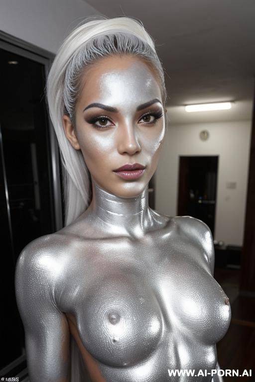 gorgeous brazilian bimbos completely covered in silver bodypaint, ((woman with dicks)) full body view - #main