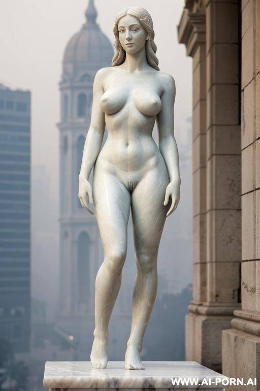 ((real marble of nude statue)), ((beautiful tits)), simple stone art, faceless, totally nude, entirely naked, wide shoulders, extremely detailed and pubic hairy pussy, (old city), smog and soot in background, - #main