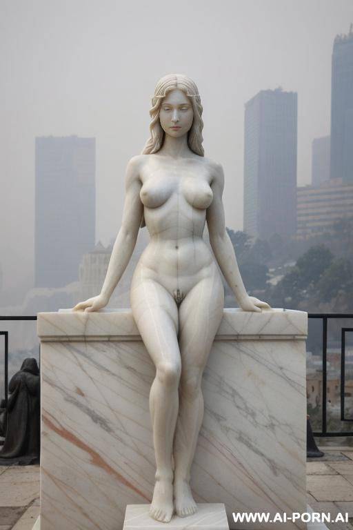 ((real marble of nude statue)), ((beautiful tits)), simple stone art, faceless, totally nude, entirely naked, wide shoulders, extremely detailed and pussy hair, (old city), smog and soot in background, - #main