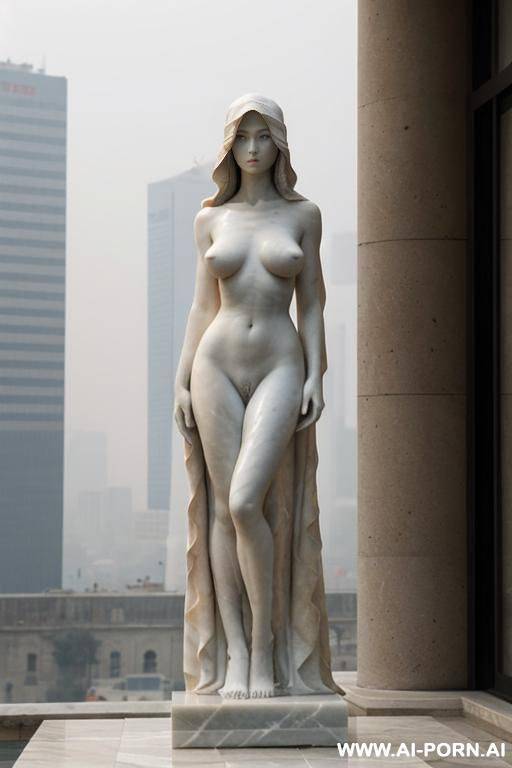 ((real marble of nude statue)), ((beautiful tits)), simple stone art, solid veil, faceless, totally nude, entirely naked, wide shoulders, extremely detailed and pubic hair pussy, (old city), smog and soot in background, - #main