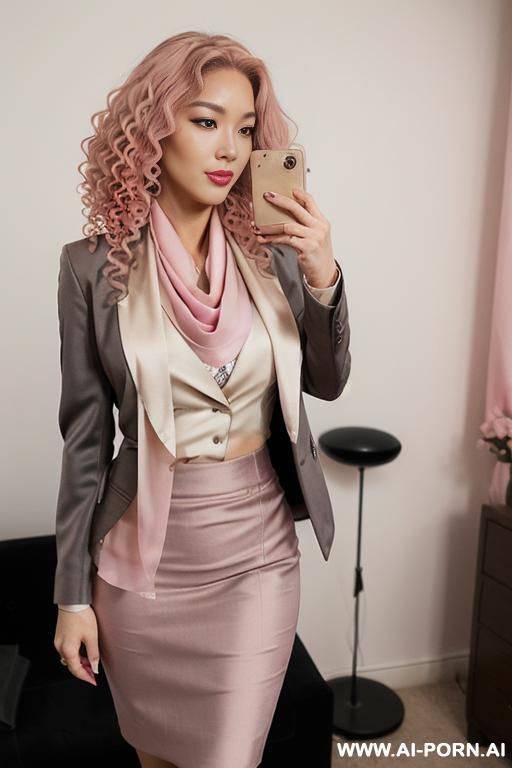 half-korean and half-japanese, a supermodel and 15cm tall, ((wearing a tailored black-gray blazer, a cream colored faux silk blouse underneath the blazer, a taupe colored pencil skirt, and a pink - #main