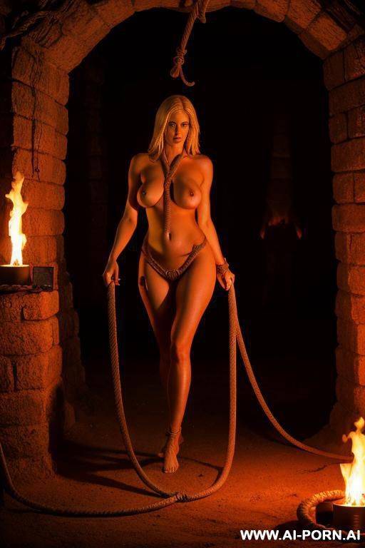 blonde woman, totally naked, barefoot, in hell, rope bondage, whipped by demon, group of women - #main