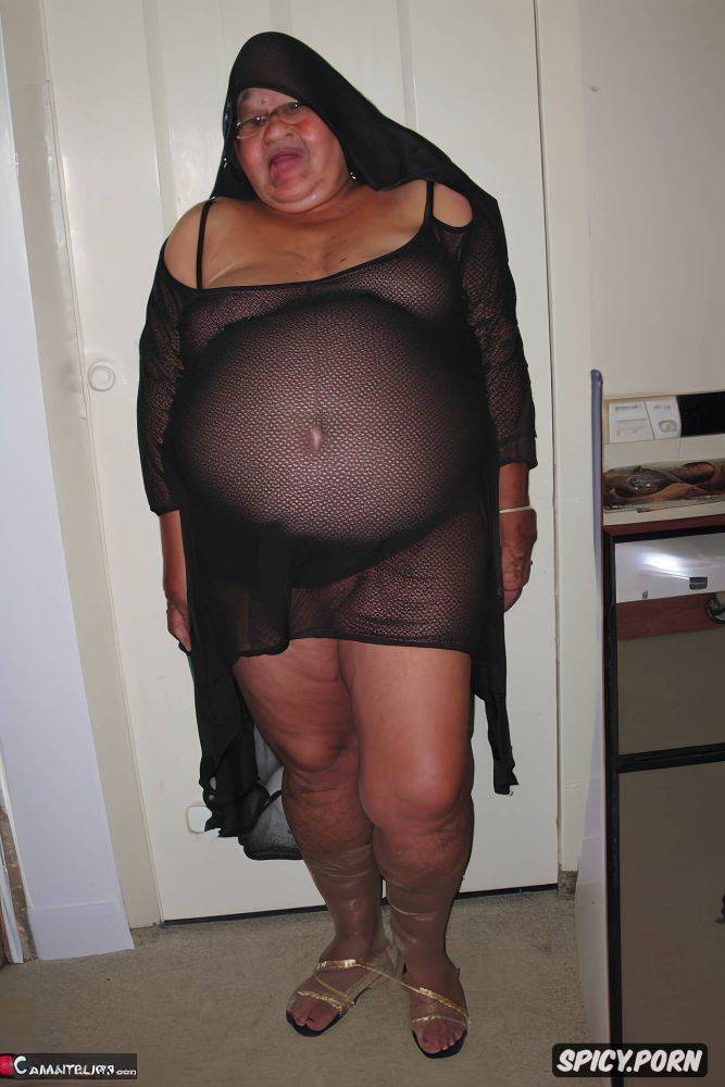 wearing tight long white sheer night gown, fupa, an old fat saudi granny - #main