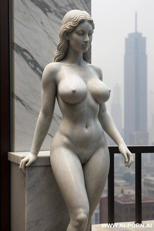 ((real marble of nude statue)), ((beautiful tits)), simple stone art, faceless, totally nude, entirely naked, wide shoulders, ((extremely detailed and pubic hair pussy)), ((cameltoe pussy)), (old city), smog and soot in background, - #main