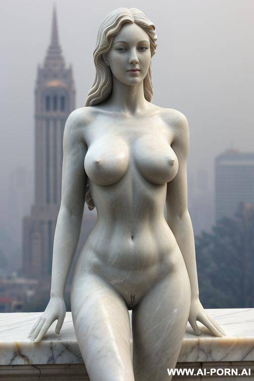 ((real marble of nude statue)), ((beautiful tits)), simple stone art, faceless, totally nude, entirely naked, wide shoulders, extremely detailed and pubic hair pussy, (old city), smog and soot in background, - #main