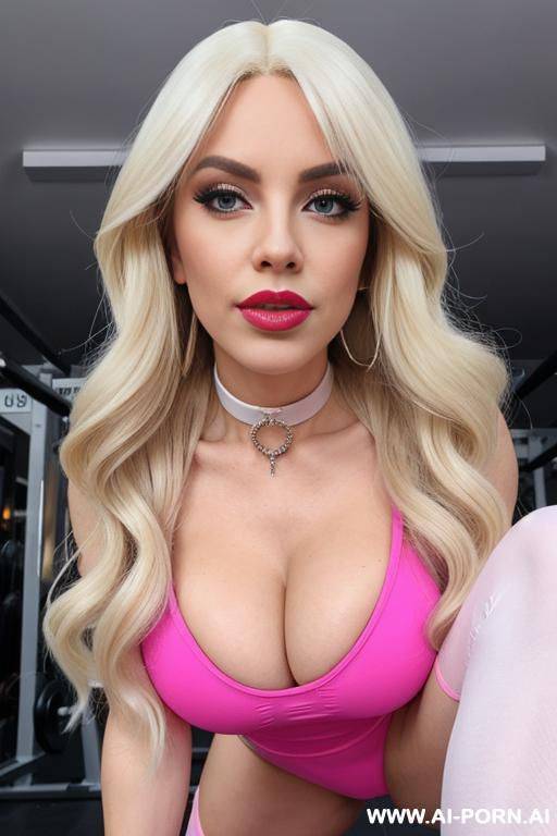 long blonde wig, pink dress, porn star, slutty, pink lips, big lips, gigantic breasts, bimbo, transgender, plump full lips, high heels, hoop earrings, arched eyebrows, white skin, caucasian, long nails, blue eyes, choker, slutty, gym, leggings, - #main