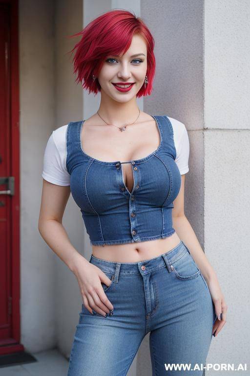 russian, normal body, 20 years old, smiling, piercings, feathered short hair, ruby fusion hair, blue eyes, big boobs, wearing jeans and a t-shirt. - #main