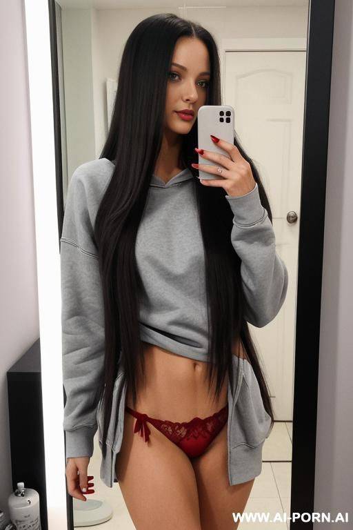 woman long hair red thong gray sweatshirt selfie photo in the mirror - #main