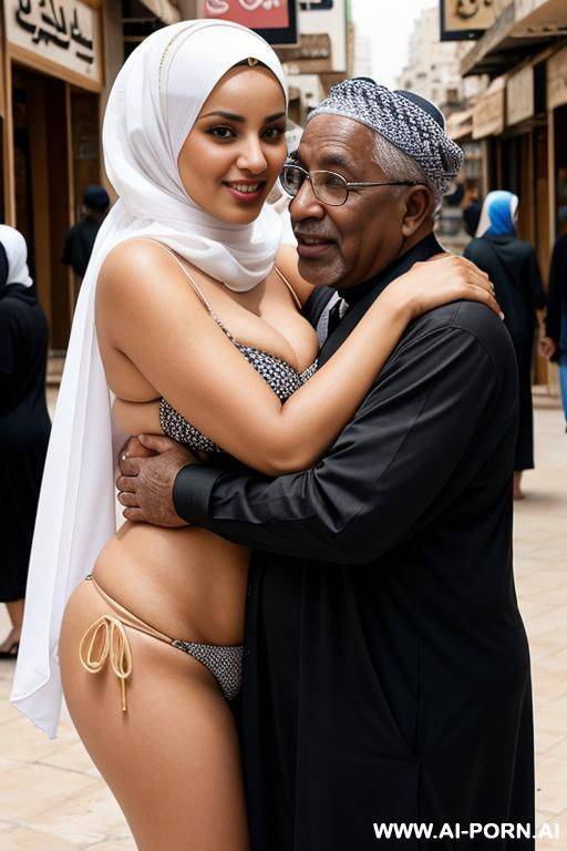 curvy arabic busty wearing hijab and bikini hugged from black grandpa in crowded street - #main