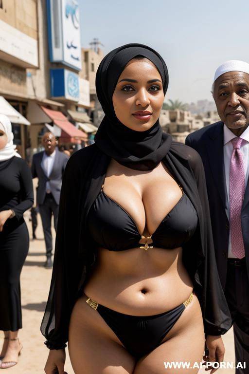 curvy arabic busty wearing hijab and bikini standing with black grandpa in crowded street - #main