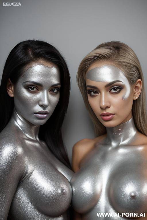 photo of multiple gorgeous brazilian bimbos completely covered in silver bodypaint - #main