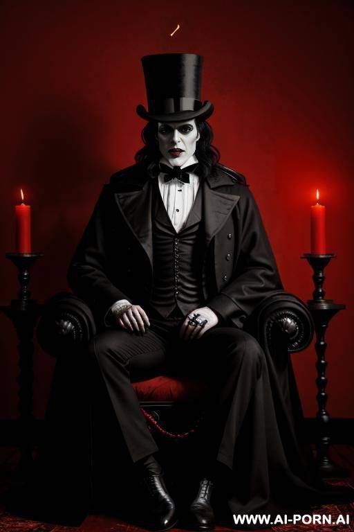 cinematic-style medium shot of a gothic horror scene with a satanist makeup. a man with a long black coat and a top hat is standing in a dimly lit room. he has red eyes and wears a - #main