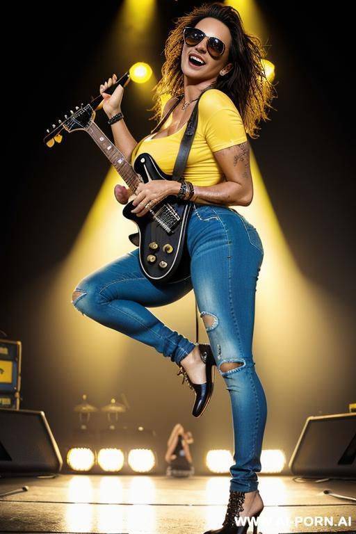 milf, european, rockstar , boobs, tight jeans , neckline t-shirt yellow, hayr wet brown ,skin wet, high hells ,concert , electricguitar, sunglasses - #main