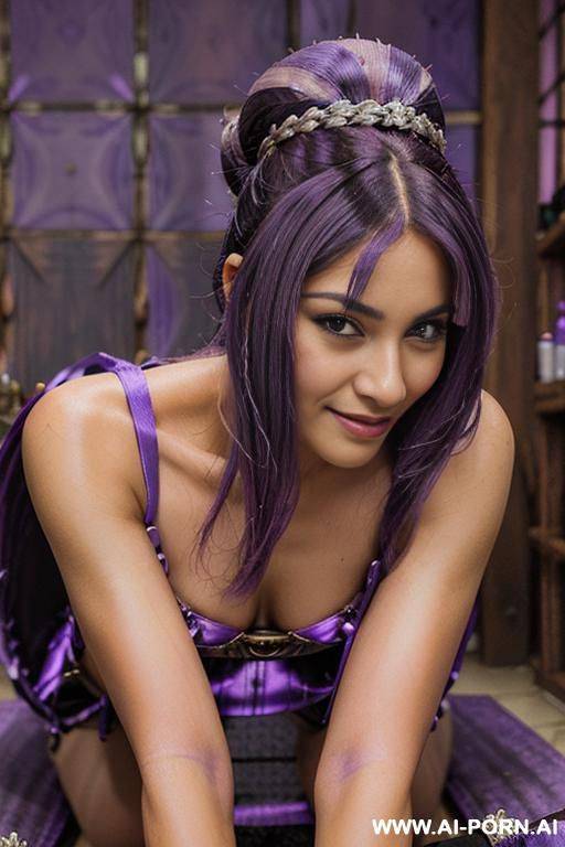 elaborate flowing purple hair, glamor, bend down, wedding shrine, tanned bride, - #main