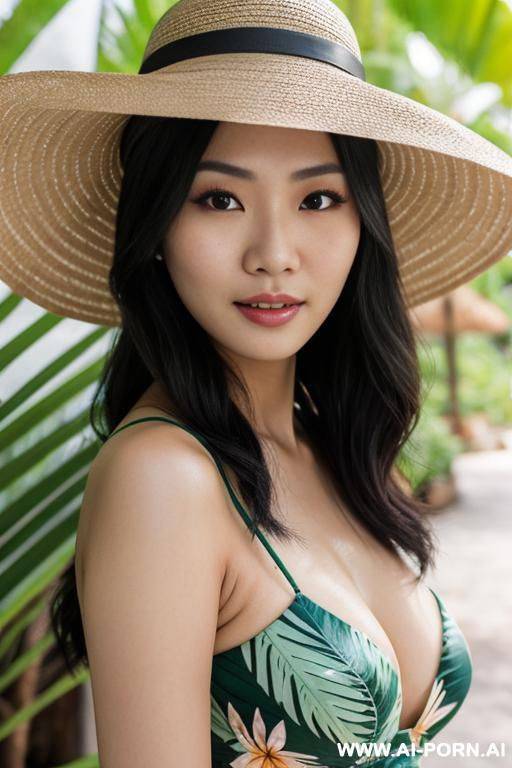 asian woman, ((detailed face)), wearing a tropical dress, wearing a hat, posing outdoors - #main