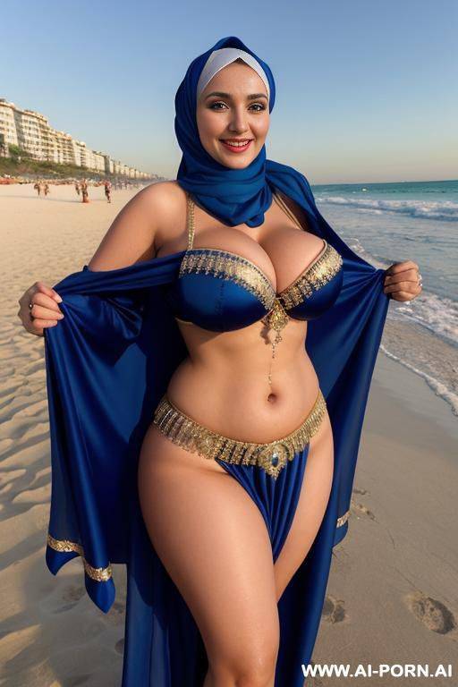 smiling busty curvy russian milf with huge boobs wearing hijab and belly dancing costume in crowded beach - #main