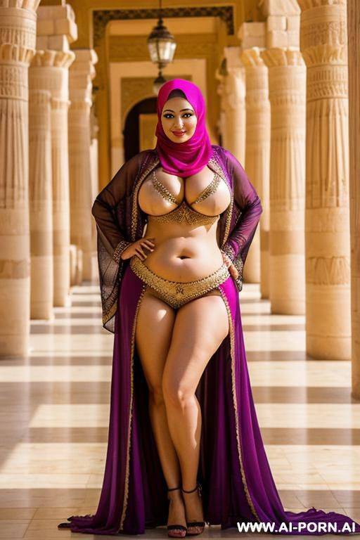 happy busty curvy russian milf with huge boobs wearing hijab and belly dancing costume exhibition nude standing in egypt palace - #main