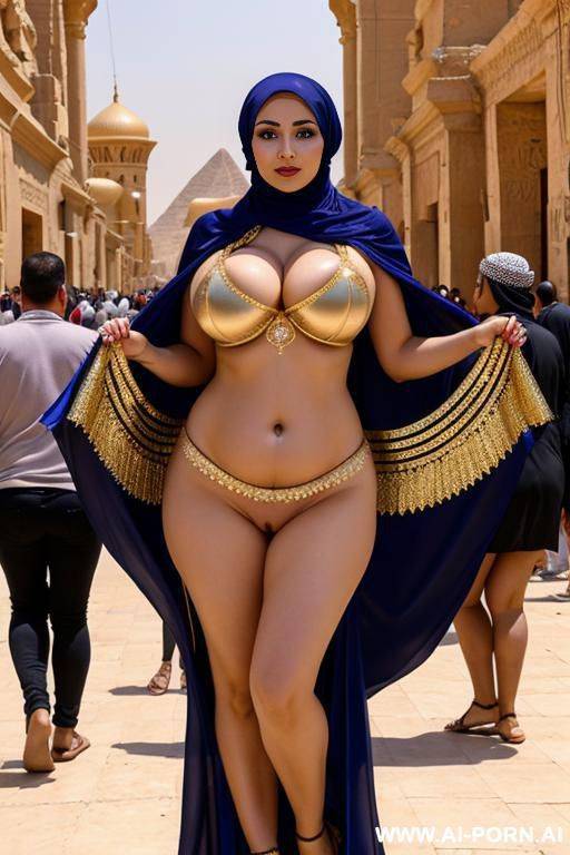 busty curvy russian milf with huge boobs wearing hijab and belly dancing costume exhibition nude standing in egypt crowded street - #main