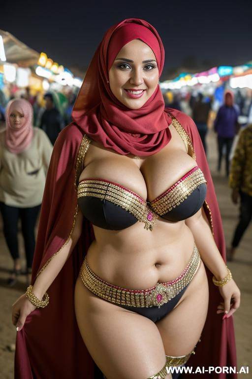 smiling busty curvy russian milf with huge boobs wearing hijab and belly dancing costume in crowded sudan market - #main