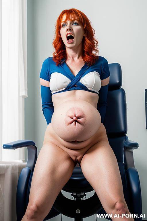 furious screaming angry pregnant celtic red haired blue eyed fair skinned woman in gynecologist chair with legs in stirrups in hospital with bruises on her belly - #main