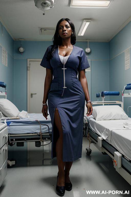 hostile angry dark skinned african nurse with long dark hair in doctors office at hospital wearing blue hospital gown and a hospital smok holding a suction tool - #main