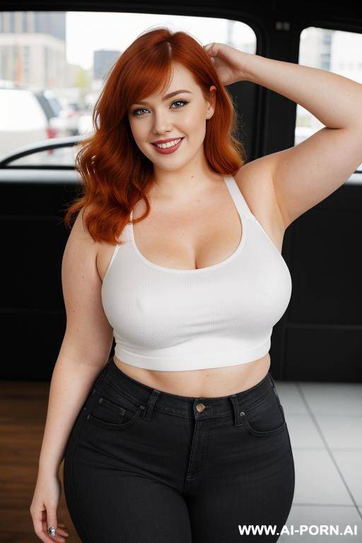 redhead, , breasts, dimples, pear shaped, wide hips, thick thighs, chubby, hair, s, slicked back hair, large forehead, black tank top, bra, areola, jeans, fully clothed, city - #main