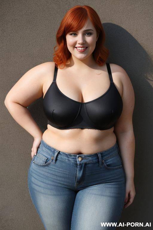 redhead bbw, chubby and fat , breasts, dimples, pear shaped, wide hips, thick thighs, chubby, hair, s, slicked back hair, large forehead, black tank top, bra, areola, jeans, fully clothed, city - #main