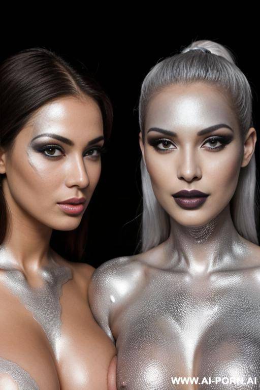 photo of multiple gorgeous brazilian bimbos completely covered in silver bodypaint - #main