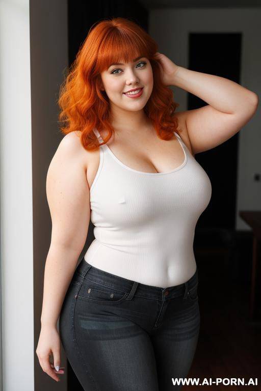 redhead bbw, chubby and fat , thick, breasts, dimples, pear shaped, wide hips, thick thighs, chubby, hair, s, slicked back hair, large forehead, black tank top, bra, areola, jeans, fully clothed, city - #main