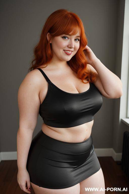 full body photo shot. redhead bbw, chubby and very fat, thick, breasts, dimples, voluptuous shaped, wide hips, thick thighs, chubby, hair, s, slicked back hair, large forehead, black tank top, bra, areola, ruffle microskirt, fully clothed, city - #main